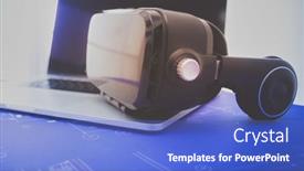  Presentation with virtual reality - Presentation theme with virtual-reality-goggles-on-desk background and a cobalt blue colored foreground