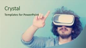  Presentation with virtual reality - Cool new presentation with virtual reality isolated on blue backdrop and a soft green colored foreground