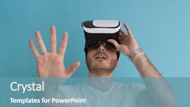  Presentation with happy sad face man - PPT theme with virtual reality isolated on blue background and a teal colored foreground