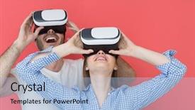  Presentation with virtual reality rehabilitation - Theme enhanced with virtual reality isolated over red background and a light blue colored foreground