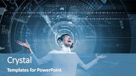  Presentation with futuristic glasses - PPT theme enhanced with virtual reality technology - young man wearing futuristic glasses background and a teal colored foreground