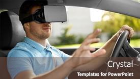  Presentation with virtual technology - Theme having virtual reality technology and driving concept - man or driver wearing vr glasses in car background and a tawny brown colored foreground