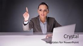  Presentation with business laptop globe satellite - PPT layouts featuring virtual screening - businesswoman with laptop in business background and a light gray colored foreground