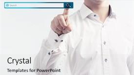  Presentation with search button searching information online - Slide set with virtual screening - searching system - businessman pressing background and a light gray colored foreground