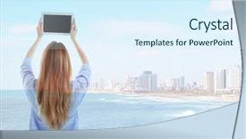  Presentation with virtual - PPT theme consisting of concept beautiful sea with town background and a sky blue colored foreground