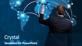  Presentation with virtual hand - Presentation theme with virtual world - businessman hand pressing digital button background and a ocean colored foreground