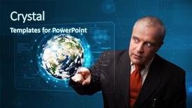  Presentation with high tech - Presentation theme consisting of virtual world - businessman standing and touching high-tech background and a ocean colored foreground