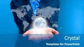  Presentation with virtual - Cool new PPT theme with virtual world - image of business person holding backdrop and a ocean colored foreground