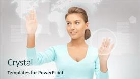  Presentation with touch screen - Beautiful presentation featuring virtual world - picture of businesswoman working backdrop and a  colored foreground