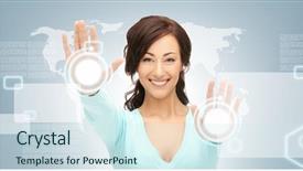  Presentation with touch screen - Slides with virtual world - picture of businesswoman working background and a  colored foreground