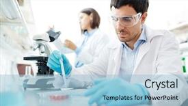  Presentation with testing - Audience pleasing slides consisting of virus - male clinician testing new vaccine backdrop and a light blue colored foreground