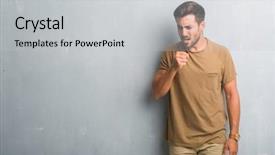  Presentation with young grey maine coon cat - Slides having virus green - handsome young man over grey background and a  colored foreground