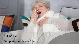  Presentation with allergy - Colorful slide set enhanced with virus oral - senior ill woman using spray backdrop and a  colored foreground