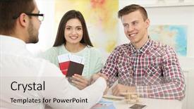  Presentation with company - Amazing slides having visa - agent and young couple handshaking backdrop and a soft green colored foreground