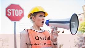  Presentation with clothes - Cool new slide deck with visible light communication - businesswoman wearing builders clothes shouting backdrop and a coral colored foreground