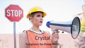  Presentation with outdoor clothes for outdoor activity - PPT layouts having visible light communication - frowning businesswoman wearing builders clothes background and a coral colored foreground