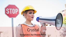  Presentation with clothes - Audience pleasing presentation design consisting of visible light communication - serious businesswoman wearing builders clothes backdrop and a coral colored foreground