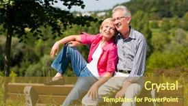  Presentation with outdoors - Theme having visibly happy mature or senior couple outdoors arm in arm deeply in love both are sitting on a bench background and a tawny brown colored foreground