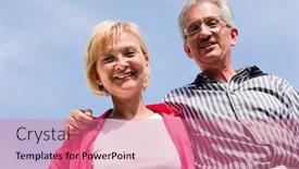  Presentation with outdoors - Colorful PPT theme enhanced with visibly happy mature or senior couple outdoors arm in arm deeply in love looking down from a blue sky backdrop and a coral colored foreground