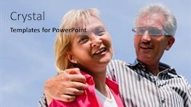  Presentation with outdoors - PPT layouts having visibly happy mature or senior couple outdoors arm in arm deeply in love looking down from a blue sky background and a light blue colored foreground