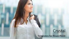  Presentation with city people walking - Beautiful theme featuring vision bright future - portrait of a confident businesswoman backdrop and a light blue colored foreground