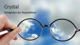  Presentation with vision - Colorful slides enhanced with vision concept glasses in hand on sky background backdrop and a light blue colored foreground