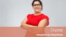  Presentation with education red - Presentation consisting of vision education and eyesight concept - happy woman in red dress and glasses with crossed arms over grey background background and a coral colored foreground