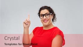  Presentation with education red - Beautiful presentation design featuring vision education and idea concept - happy woman in red dress and glasses pointing finger up over grey background backdrop and a red colored foreground