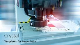  Presentation with circuit board - Slide deck with vision measuring instrument inspecting pcb circuit board background and a light blue colored foreground