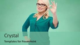  Presentation with chalk board - Amazing PPT theme having vision optics education gesture and people concept - smiling young woman with eyeglasses showing ok over green school chalk board background backdrop and a seafoam green colored foreground
