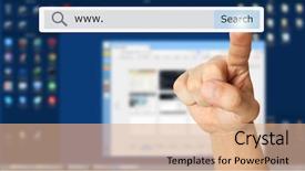  Presentation with monitor computer - Beautiful presentation design featuring visit website - hand clicking a search button backdrop and a coral colored foreground