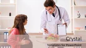  Presentation with doctor discussing family - Theme enhanced with visiting doctor discussing healthy diet background and a soft green colored foreground