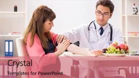  Presentation with pregnant woman doctor - PPT theme with visiting doctor discussing healthy diet background and a coral colored foreground