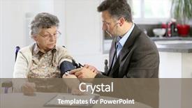  Presentation with doctor helps to get out of bed an elderly woman - Presentation theme featuring visiting elderly woman at home background and a violet colored foreground