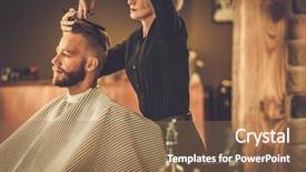  Presentation with barber shop - Beautiful slide set featuring visiting hairstylist in barber shop backdrop and a coral colored foreground