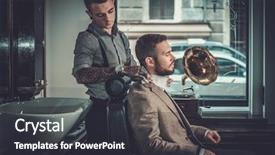  Presentation with barber shop - PPT theme with visiting hairstylist in barber shop background and a dark gray colored foreground