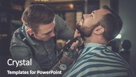  Presentation with barber shop - Amazing PPT theme having visiting hairstylist in barber shop backdrop and a dark gray colored foreground