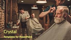  Presentation with barber shop - Slide deck consisting of visiting hairstylist in barber shop background and a tawny brown colored foreground