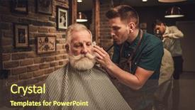 Presentation with barber shop - Colorful slide deck enhanced with visiting hairstylist in barber shop backdrop and a tawny brown colored foreground