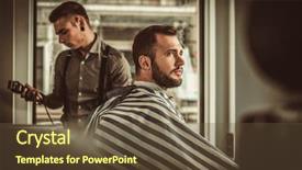  Presentation with barber shop - Audience pleasing PPT theme consisting of visiting hairstylist in barber shop backdrop and a tawny brown colored foreground