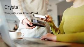  Presentation with mobile money - Amazing theme having visitor of cafe transfering money backdrop and a mint green colored foreground