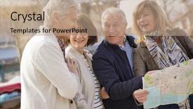  Presentation with city map - Cool new slide set with visitors - group of senior tourists reading backdrop and a coral colored foreground