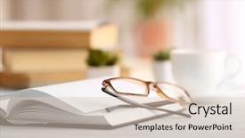  Presentation with wooden board empty table top - Slides with visual acuity - glasses and notebook on wooden background and a  colored foreground