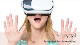  Presentation with virtual reality - Audience pleasing PPT theme consisting of visual environment - amazed woman wearing virtual reality backdrop and a coral colored foreground