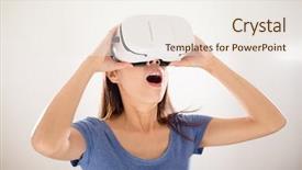  Presentation with virtual reality - Amazing PPT layouts having visual environment - excited woman use of virtual backdrop and a sky blue colored foreground
