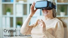  Presentation with video - Colorful presentation theme enhanced with visual environment - senior woman watching video via backdrop and a soft green colored foreground