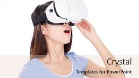  Presentation with man watching woman preparing vegetables - Audience pleasing PPT theme consisting of visual environment - woman watching though vr device backdrop and a  colored foreground