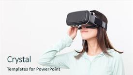  Presentation with experience - Cool new PPT theme with visual illusions - asian woman experience though vr backdrop and a sky blue colored foreground