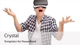  Presentation with experience - Colorful PPT theme enhanced with visual illusions - young man enjoying a virtual backdrop and a white colored foreground