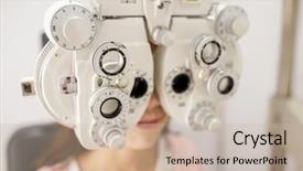  Presentation with test - Colorful PPT layouts enhanced with visual impairment - woman doing eye test backdrop and a  colored foreground